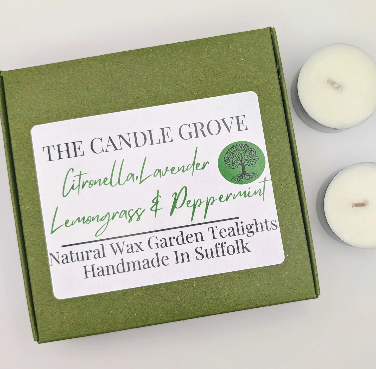 Citronella, Lavender, Lemongrass and peppermint. Garden Tealights.