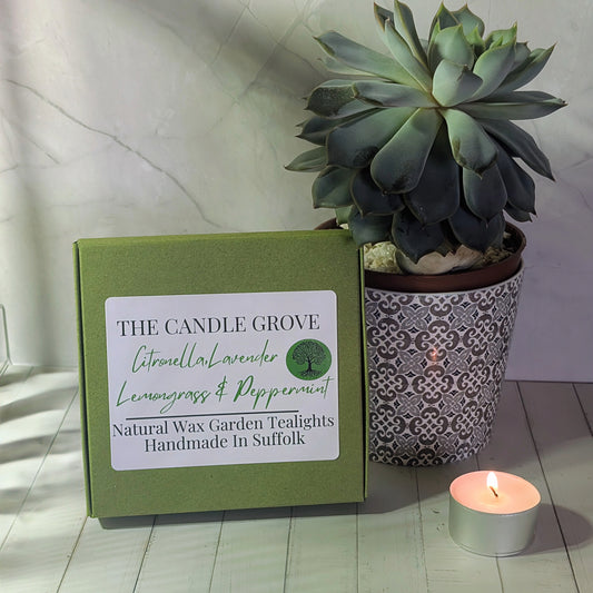 Citronella, Lavender,  Lemongrass and peppermint. Garden Tealights.